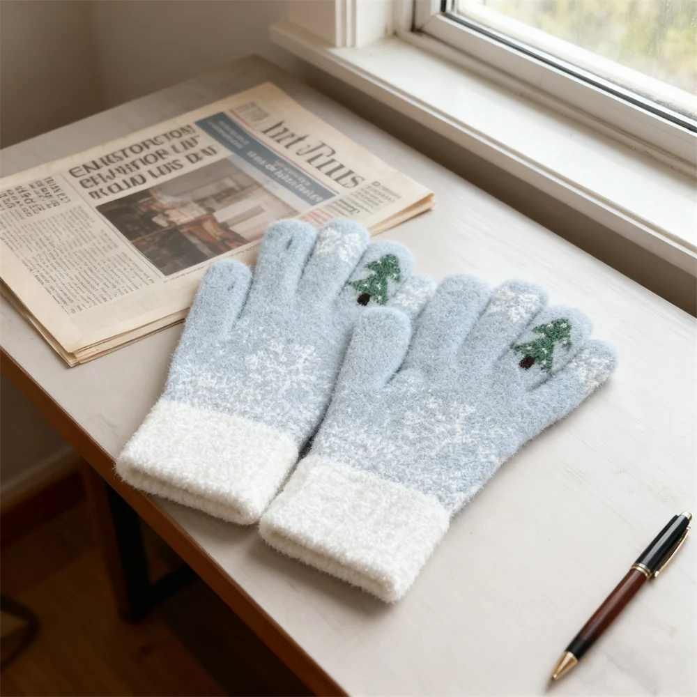 イミテーションミンクスノーフレーククリスマスグローブ冬厚く暖かいホリデーギフトニットグローブタッチスクリーン男性と女性用