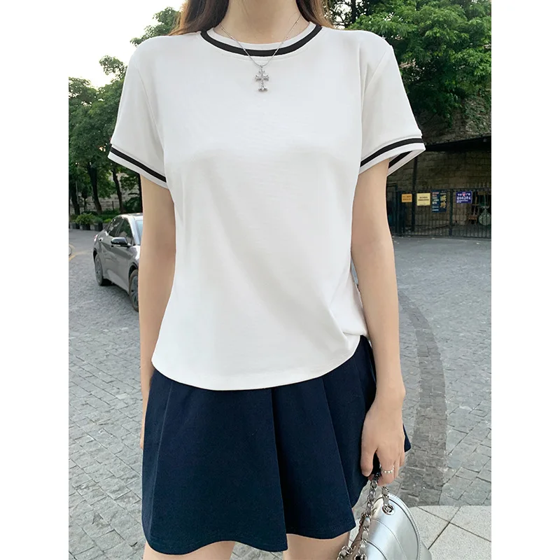 

Color Blocked Shoulder Short Sleeved T-Shirt For Women's Summer College Style Slim Fit Inner Top