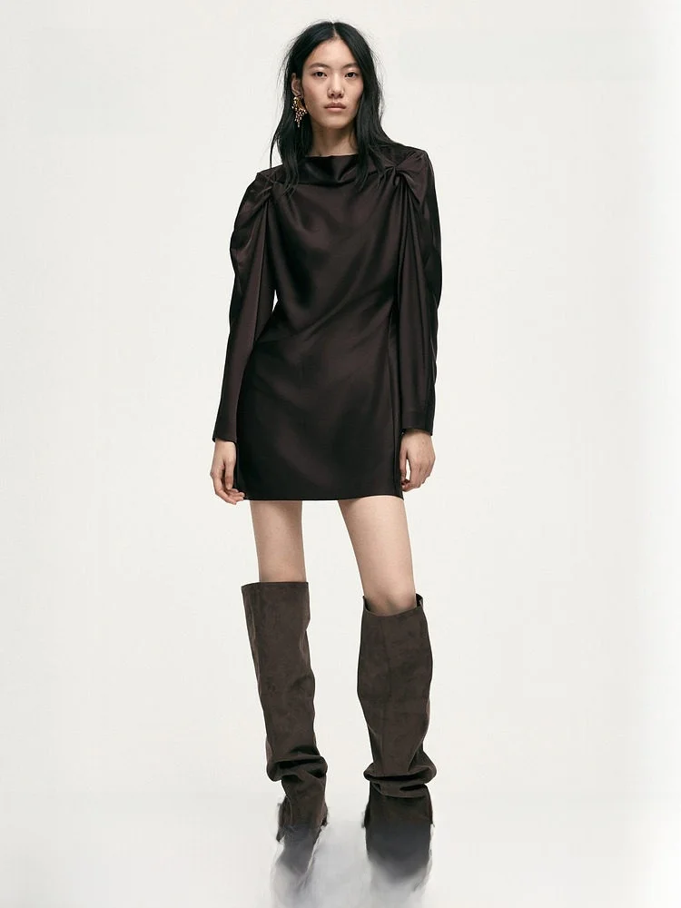 

Elegant Satin Long Sleeve Women's Dress Summer Bubble Sleeve Loose Party Dress Straight Cut Polyester Viscose Linen Blend