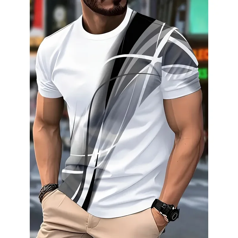 Men's Casual Printed T-Shirt White Black Modern Art Design Regular Fit Crew Neck Machine Washable 2026 Fashion Top