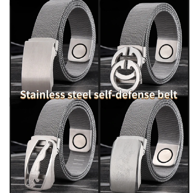 Men's Stainless Steel Waistband with Metal Automatic Buckle Fashionable Outdoor Self-defense Pants Waistband Designer Belt