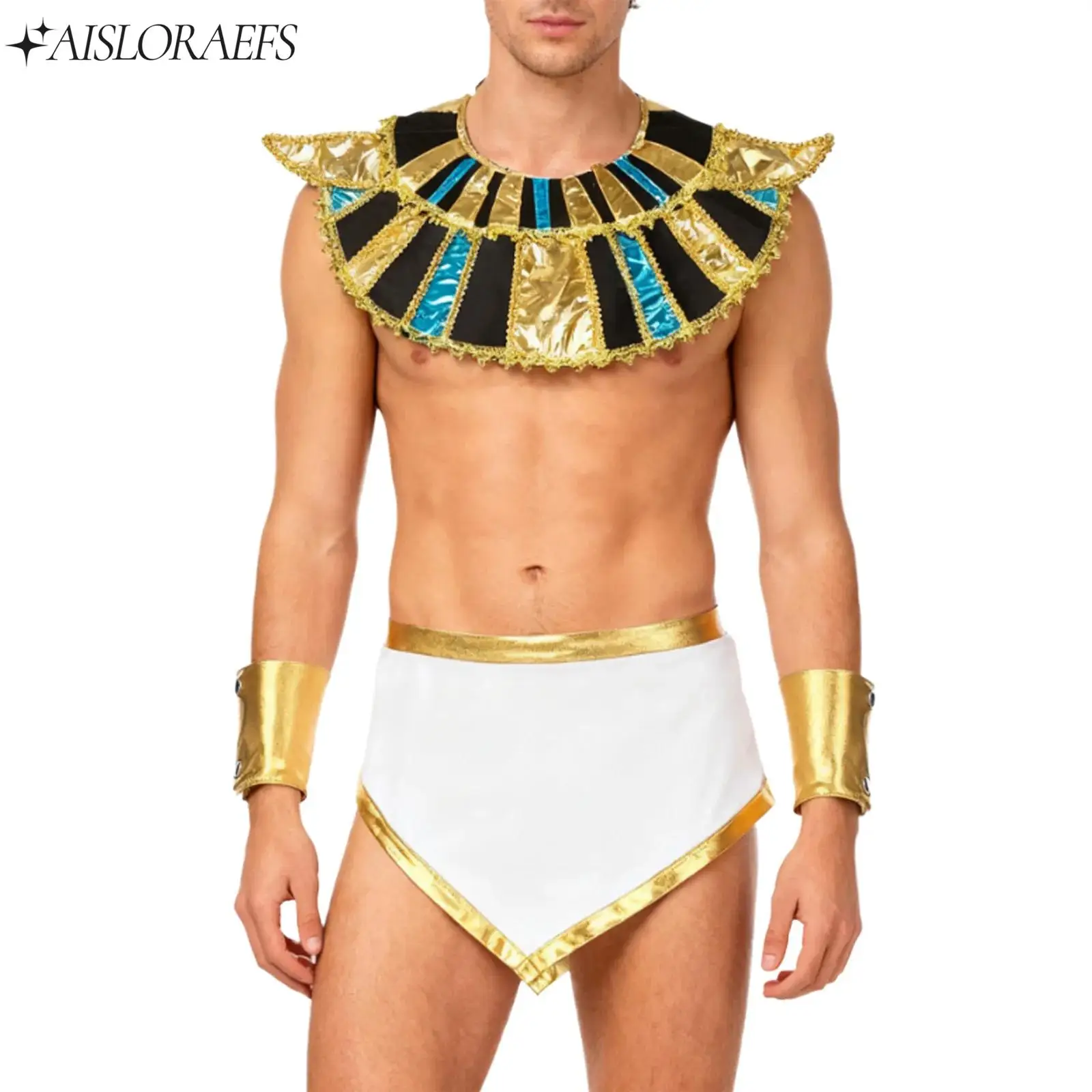 

Mens Ancient Egypt Cosplay Costume Gold Trim Metallic Shiny Collar Skirt And Sleeves New Outfits for Halloween Masquerade Party