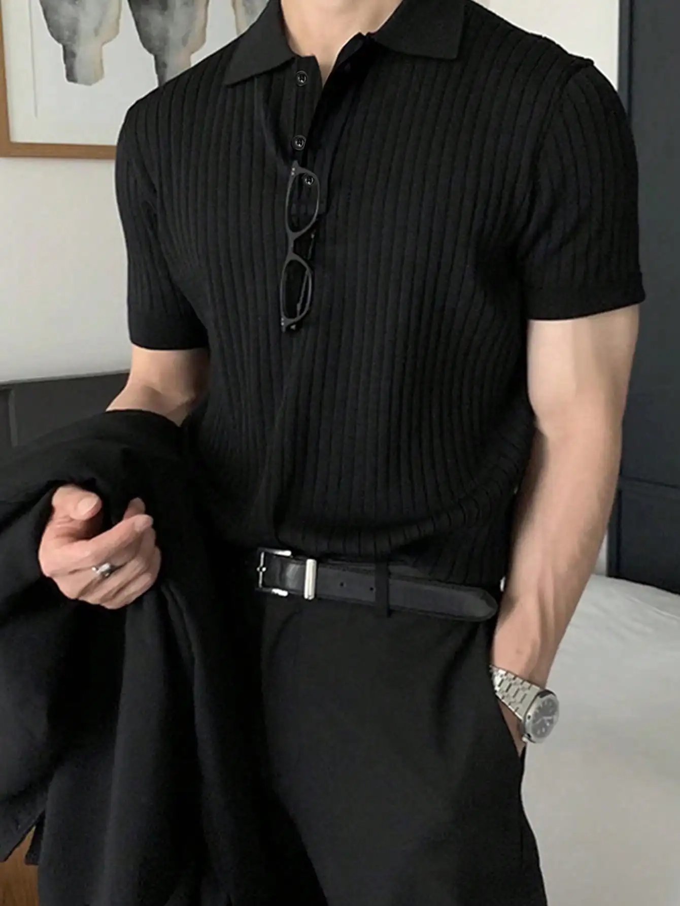 

Мужская рубашка-поло с коротким рукавом, трикотажная, в рубчик, приталенного кроя, повседневный стиль для ежедневной носки