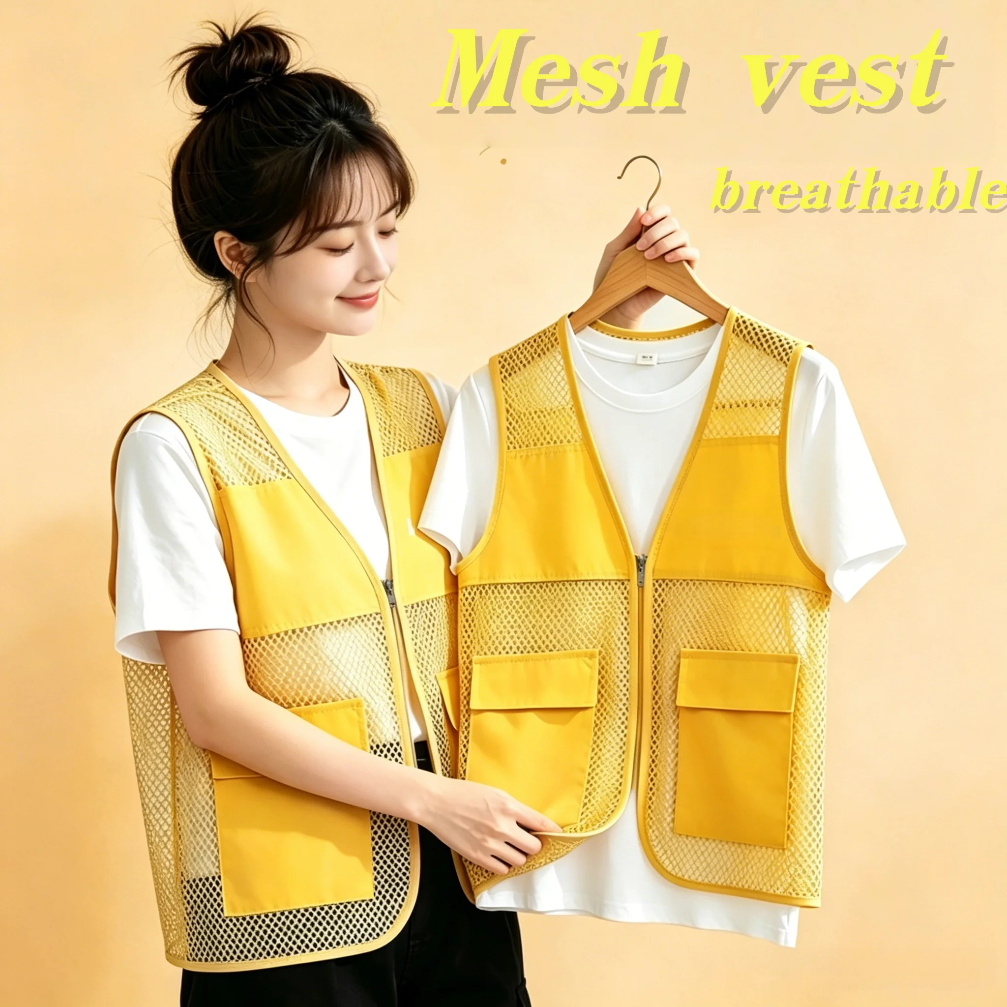 2026 New Summer V-neck Sleeveless Mesh Jacket Vest with See-through Pocket Printing LOGO for Camping Volunteer Work Clothes