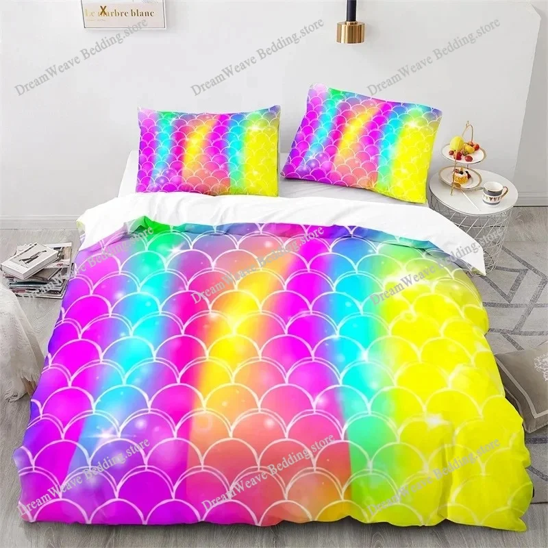 Colorful Fish Scales Bedding Set Twin King for Boys Girl Blue Pink Mermaid Skin Surface Print Duvet Cover Polyester Quilt Cover