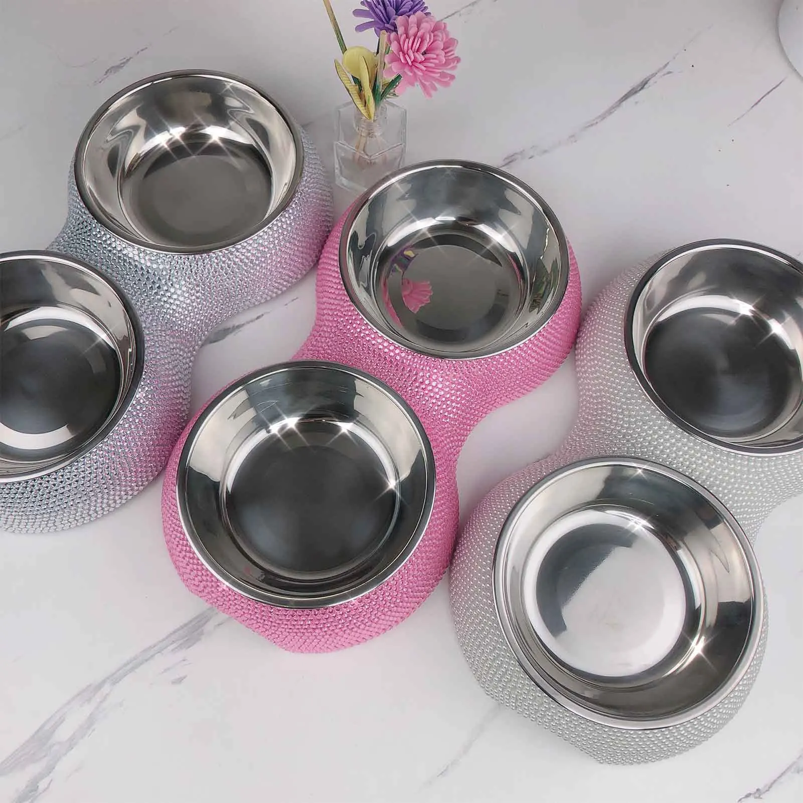 Double Pet Bowl Bling Bling Rhinestone Cat Dog Food Water Feeder Stainless Steel Dog Bowl Feeding Supplies Pets Accessories