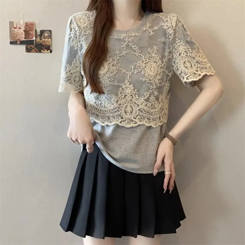 Coreano Sle Lace Splice ey ort Sve T-shirt da donna Estate New Faion Top dimagrante Traspirante Umidità ng