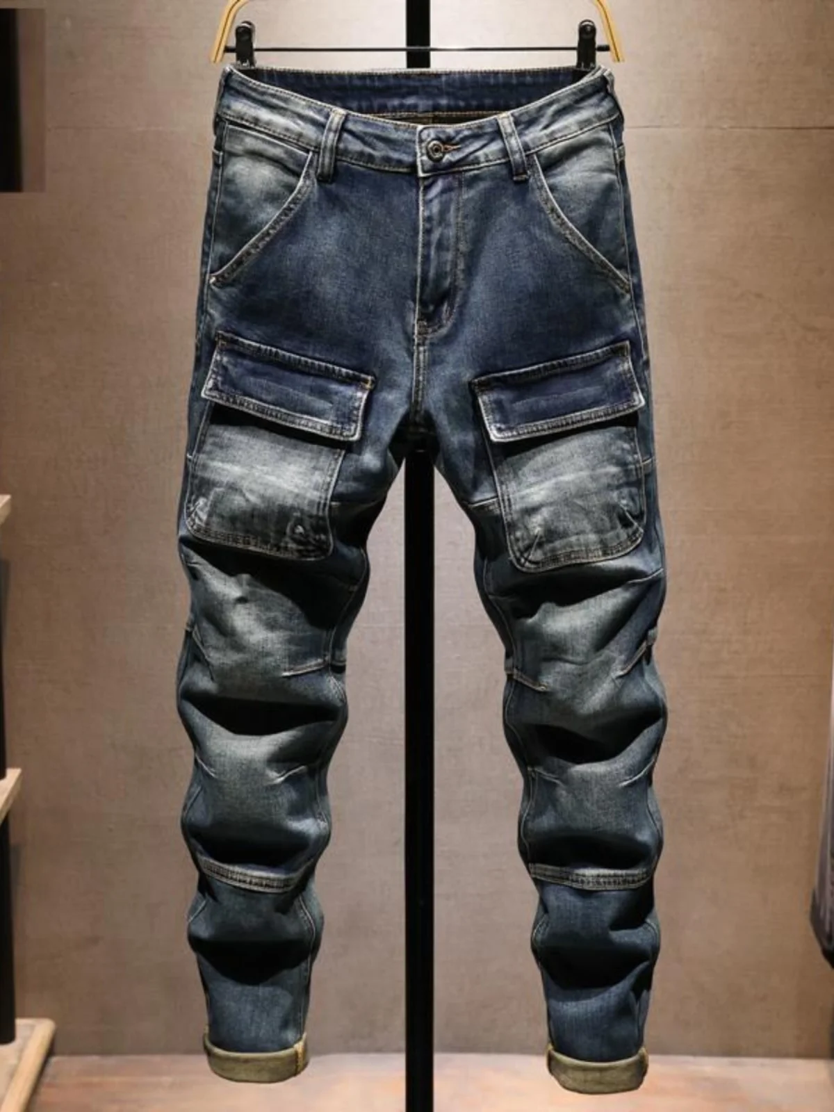 

Hong Kong Trendy Brand High End Vintage Faded Men's Skinny Jeans Multiple Pockets Motorcycle Long Pants Wear Resistant Casual