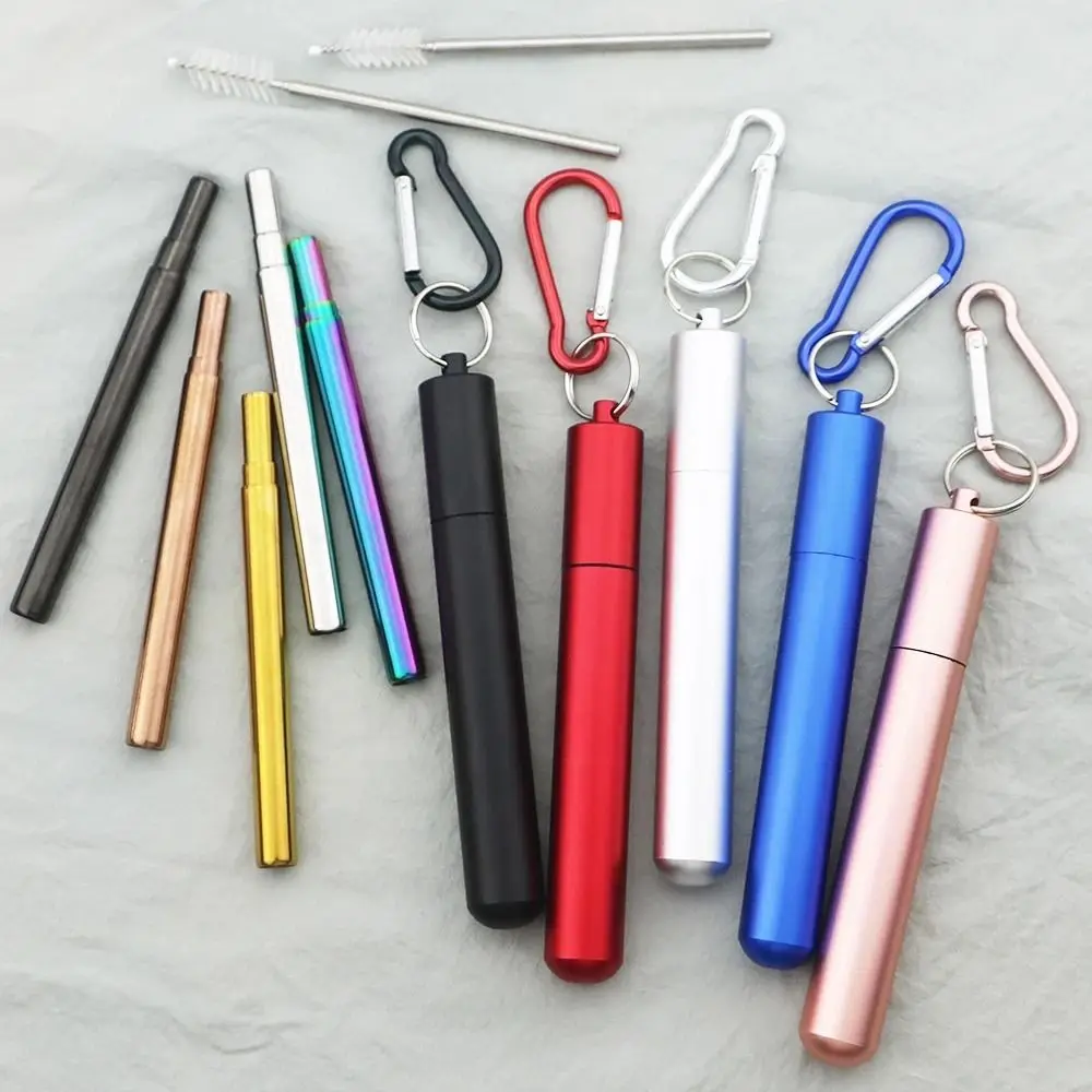 Stainless Steel Reusable Collapsible Straw Portable Foldable Metal Straw with Case Retractable Drinking Straw Set Outdoor