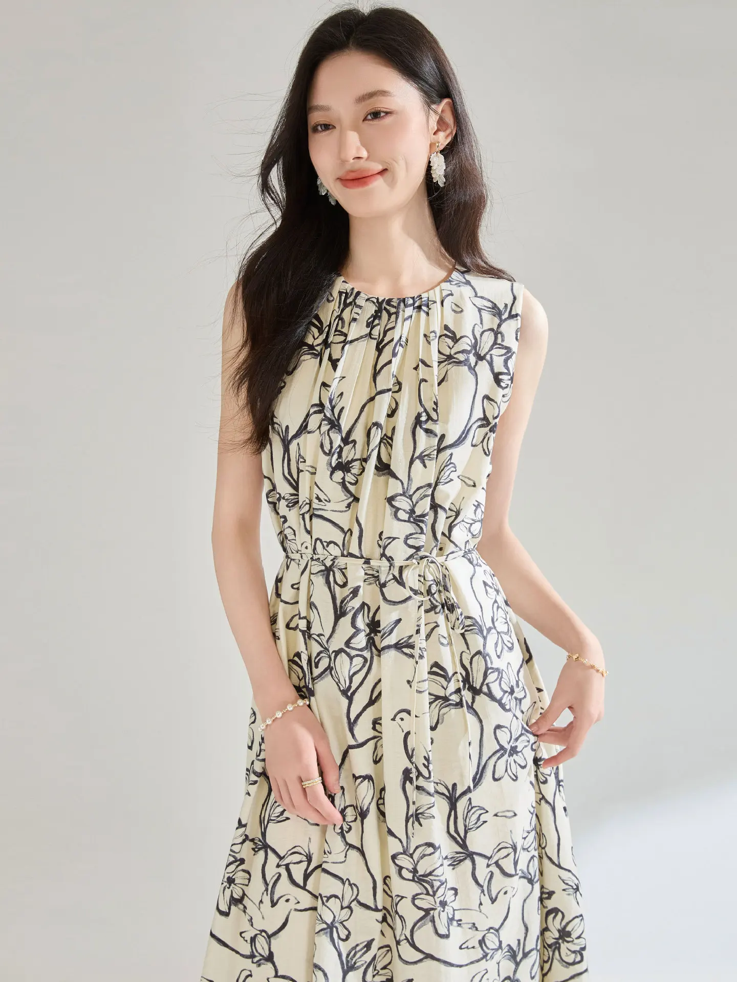 

Romantic Vaion Sle Summer New Loose round Ne Svel Linen Water Ink Print Dr Women's Casual A-Line Dr