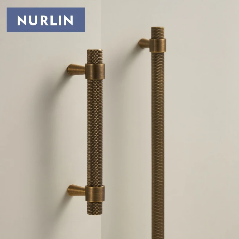 Nurlin Solid Brass Knurled Art Deco Retro Antique industrial style Cabinet Wardrobe Drawer Handle T-bar Pull