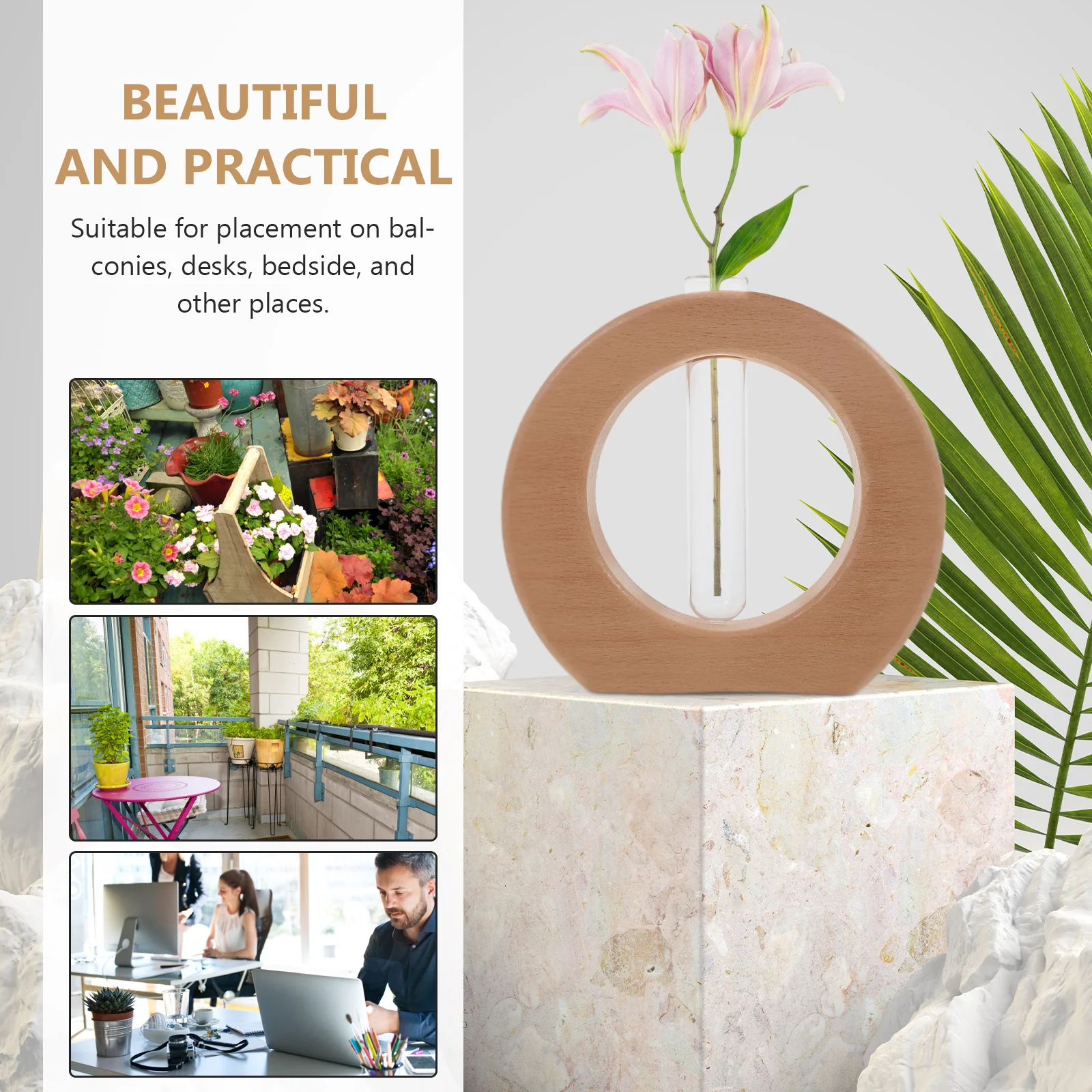 

1Set Hydroponic Glass Planter with Wooden Stand Desktop Vase for Flower Plants Air Plant Terrarium Indoor Decoration