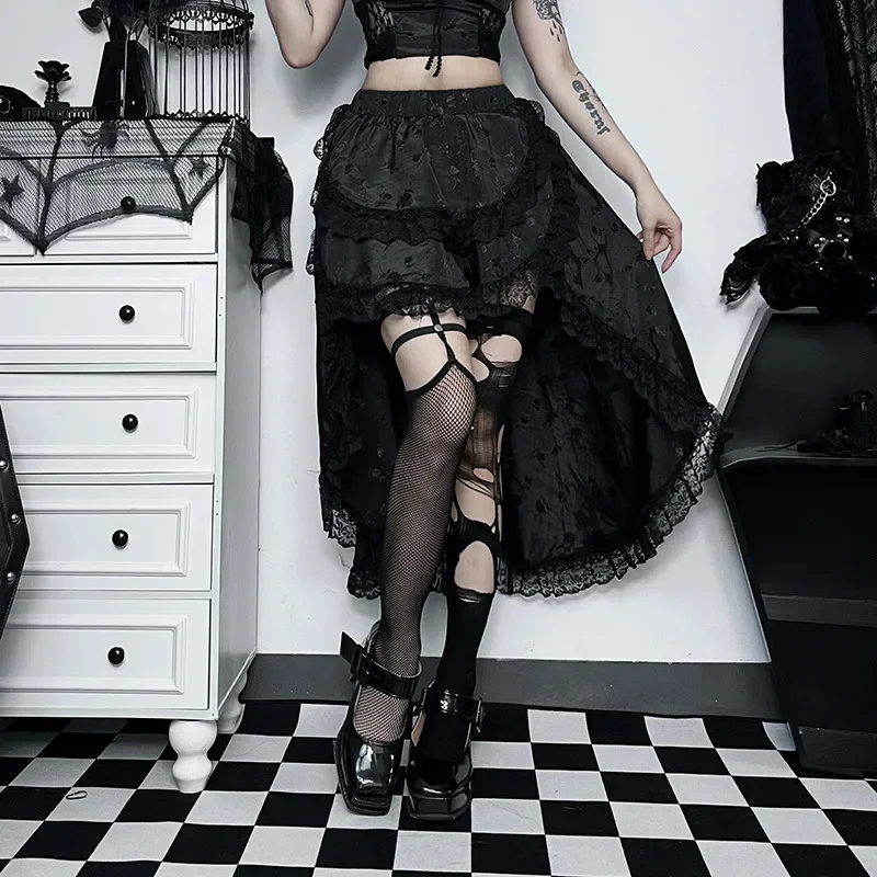 

Aesthetic Vintage Palace Skirt Women Gothic Elegant Lace Patchwork High Waist Skirt Emo Alternative Grunge Party Skirt