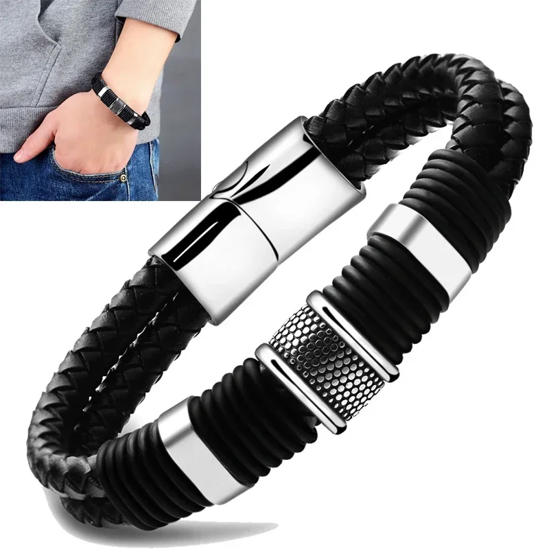 Gentleman Leather Titanium Stainless Steel Braided Clasp Bangle Bracelet for Men and Women Retro Bangles Bracelets Jewelry A++