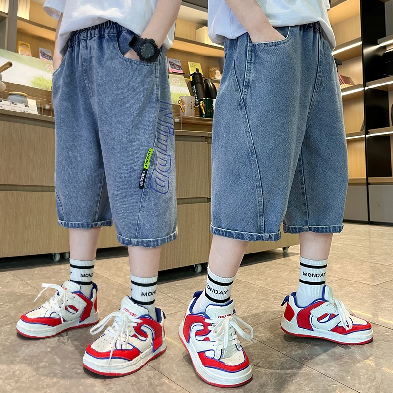 Korean Kids Boy Loose Straight Summer Jeans Shorts Tweens Child Luxury Black Blue Denim Shorts 5 6 7 8 9 10 11 12 13 14 Years