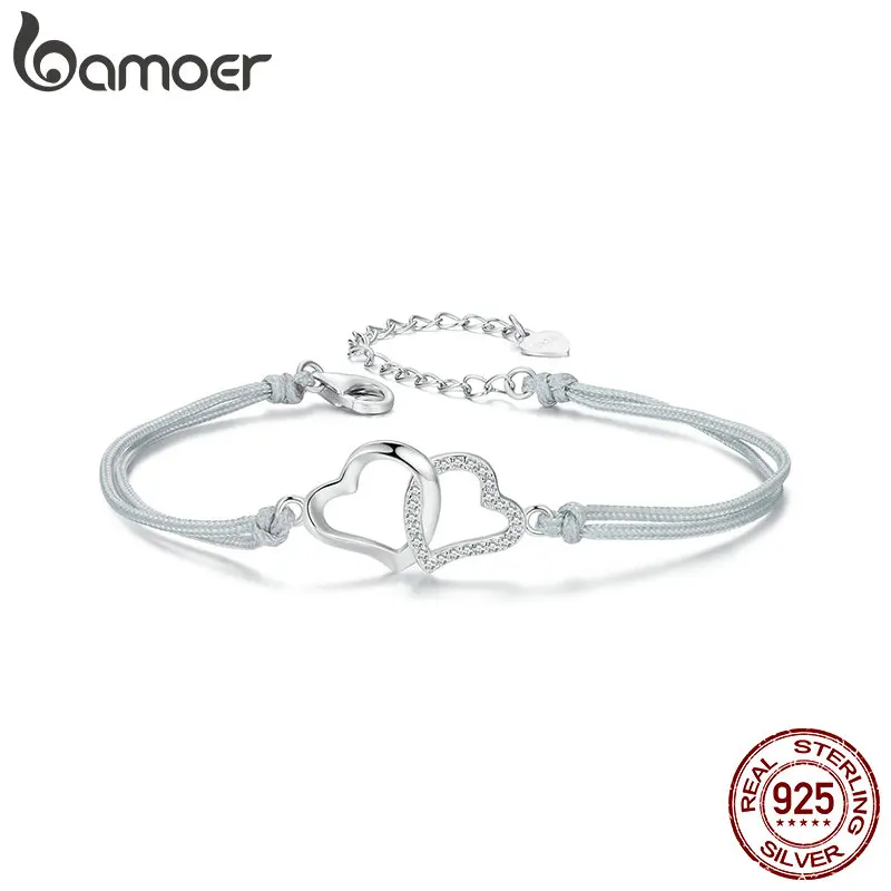 Imagem -03 - Bamoer-genuína 925 Pulseira de Prata Esterlina para Mulheres Simples Coração a Coração Design Original Joalheria Fina Presente de Casamento Aniversário