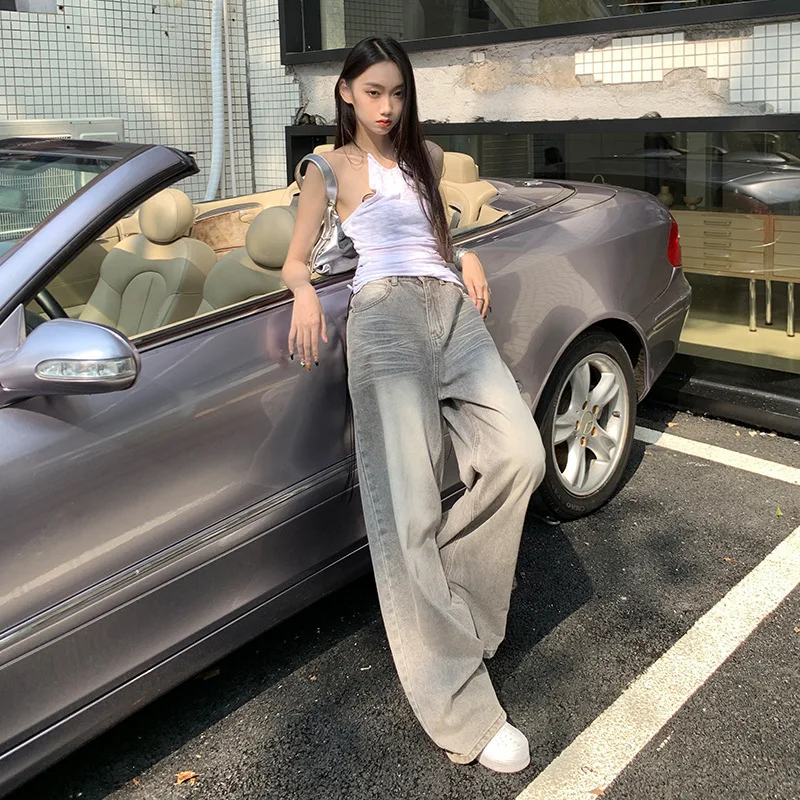 BOWEYLUN American Style Retro High-waisted Washed Do Old Wide-leg Jeans Women Spring and Autumn Loose Drag Pants Female