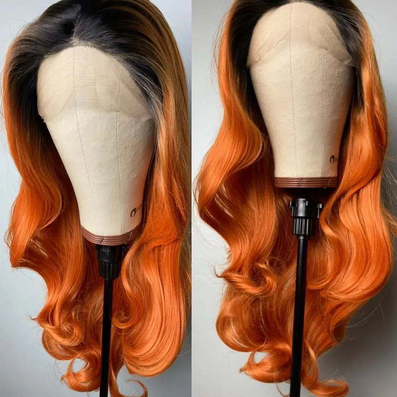 Peluca de pelo ondulado Natural naranja ombré, pelucas frontales de encaje sintético 13x4, pelo de fibra resistente al calor de alta calidad, separación libre para mujeres