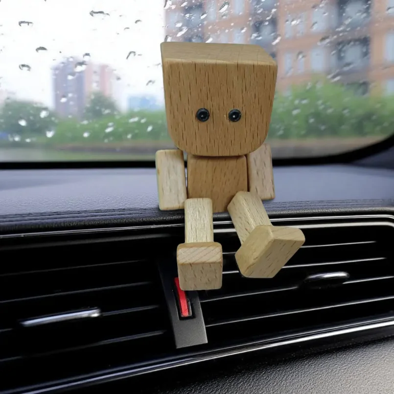 Shaking Wooden Man Figurine Magnetic Changeable emoticon Car Dashboard Decoration Air Outlet Fragrance Ornaments Desktop Decor