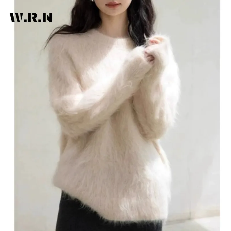 

Elegant Sweet Round Neck Knitting Long Sleeve Pure White Pullovers 2024 Winter Women Basics Solid Color Chic Sweater Ladies Top