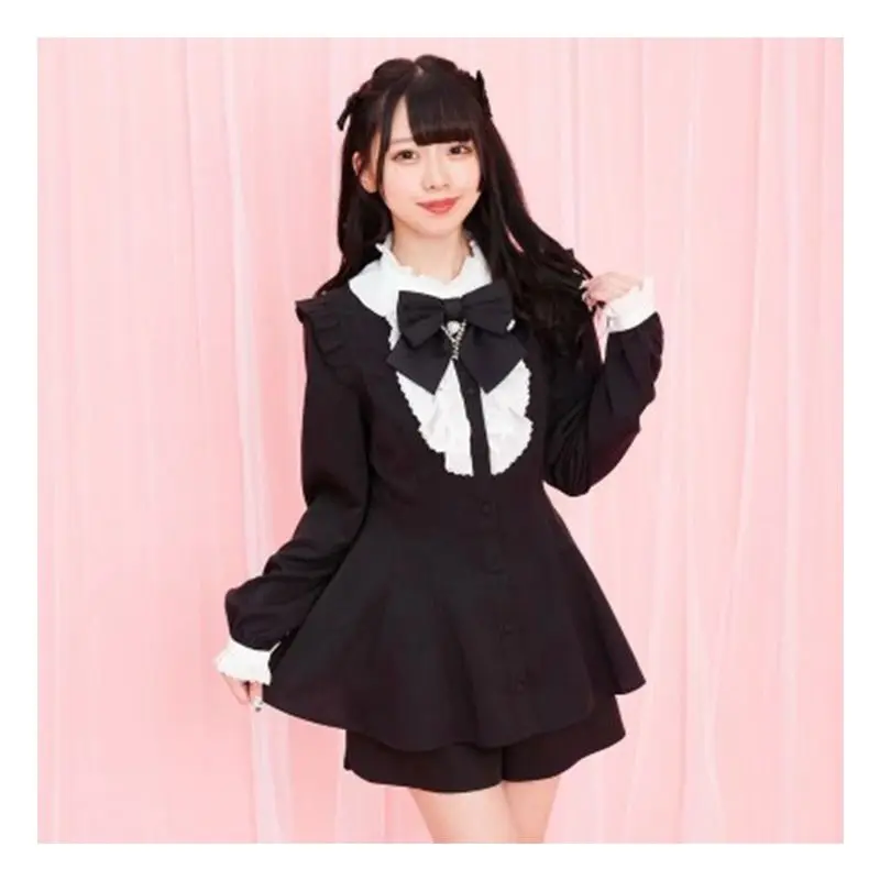 Vintage elegante Pladr Lolita 2 pezzi set dolci donna Kawaii Love Bow Lace Shirt Dress vita alta Rufffles Shorts abiti da donna