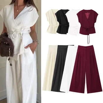 TFMLN Fashion Women's Trouser Suits Sleeveless V-Neck Top Wi...