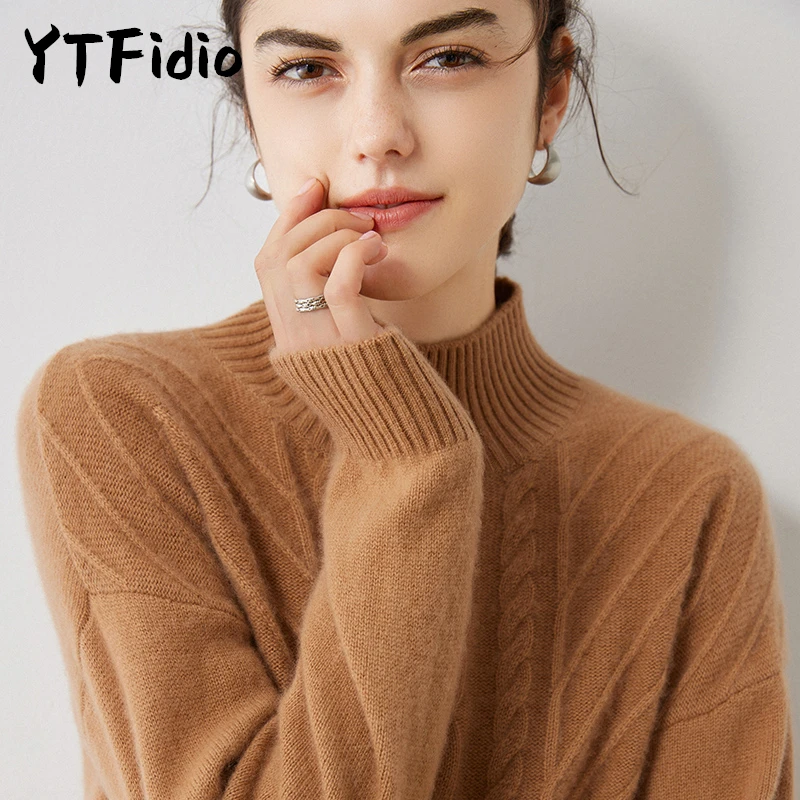 YTFidio 100% Cashmere Women Half High Neck Sweater Fried Dough Twists Pattern Soft Warm Solid Knitted Tops Loose Pullovers 25