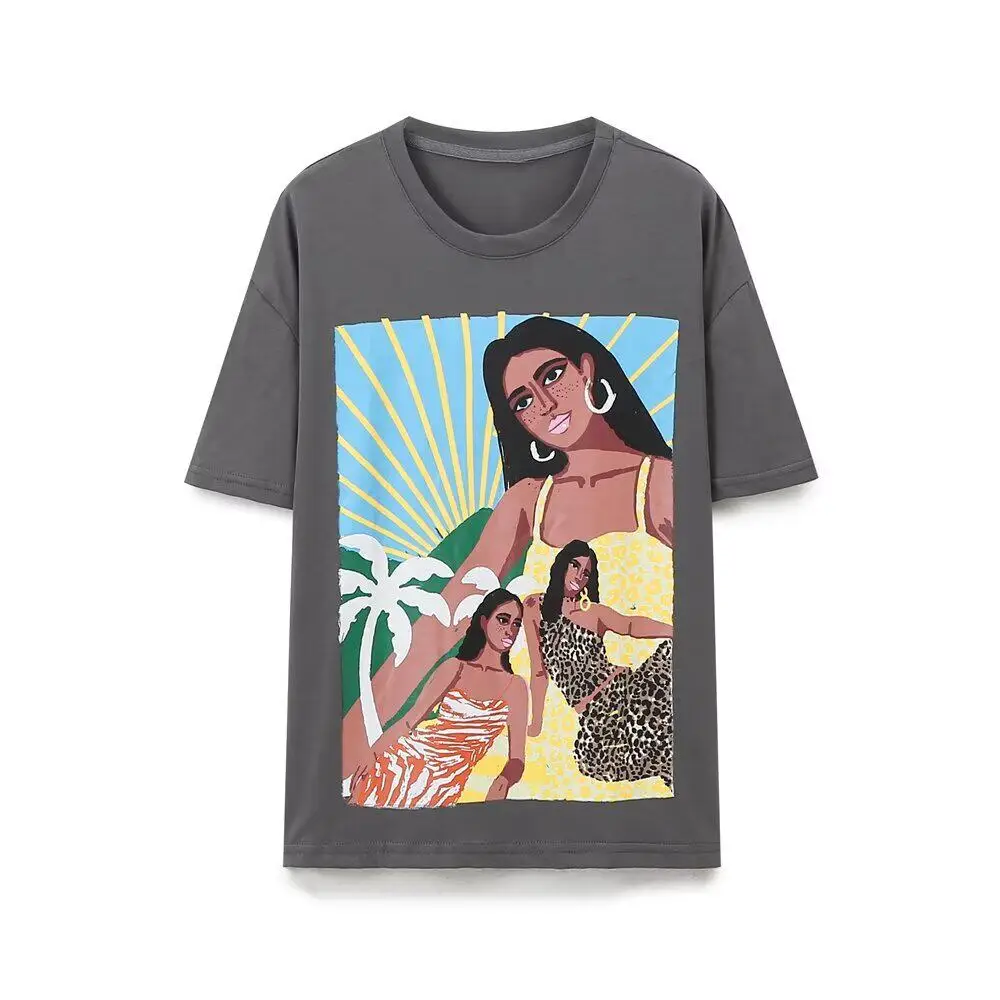 European American Style Gray O-neck T-shirt for Women 2026 Summer New Cartoon Character Pullover Casual Loose Versatile Tops