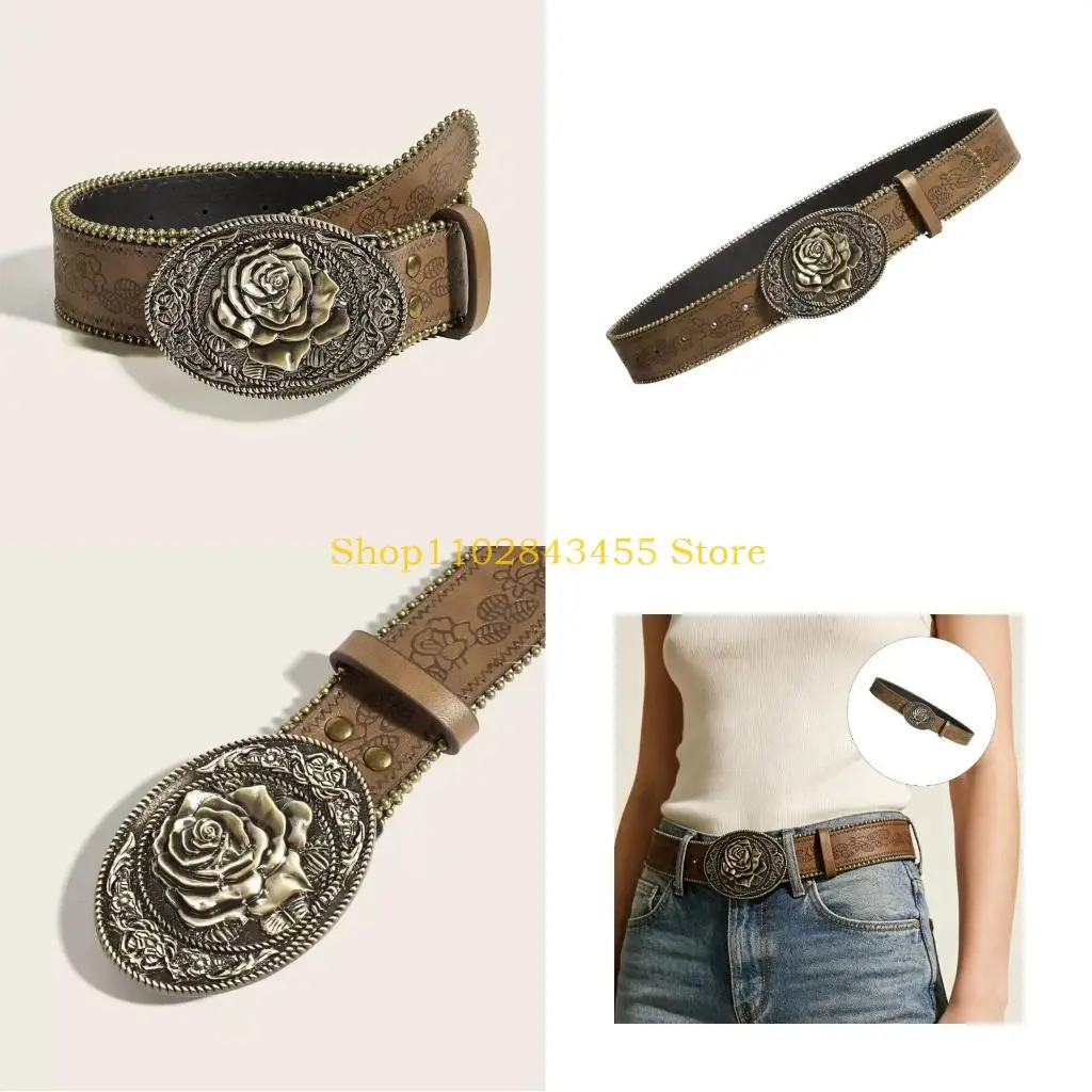 49MC Patterned Brown Belt Embossed Faux Leather Waist Belt With Metal Hardware for Casual Outings and Outfit Styling