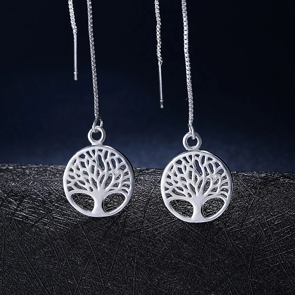

New 925 Sterling Silver Long Earrings For Women Jewelry Exquisite Round Tree Drop Christmas Gifts Charms