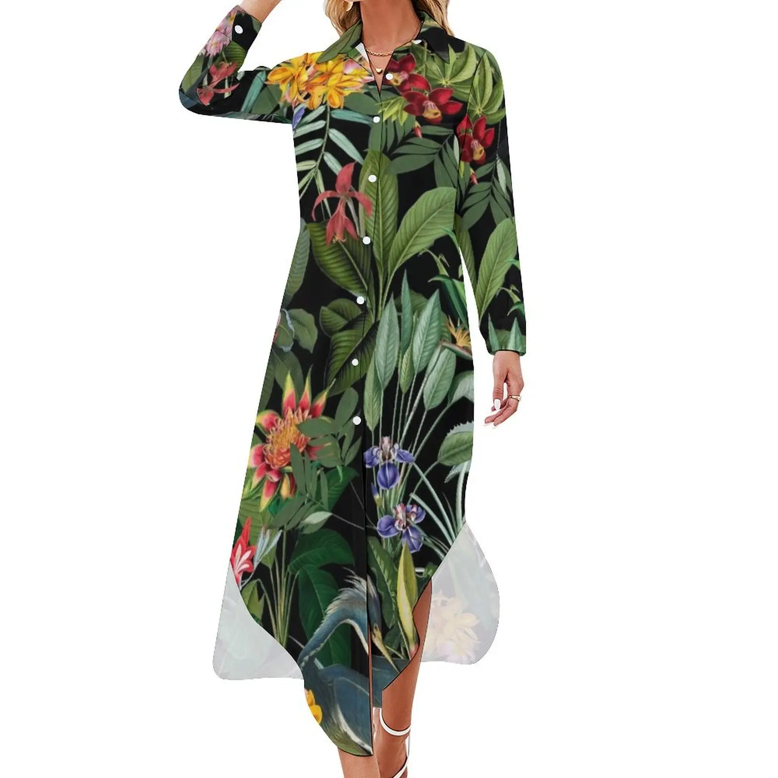 

Vintage Pattern - Blue heron and tropical flowers Botanical Night Garden Long Sleeved Shirt Dress long dresses for women