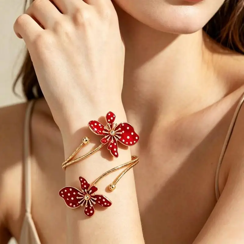 Gold Plated Cuff Bracelet Red White Polka Dot Enamel Flower Trendy Design Jewelry for Graduation Gift for Girls