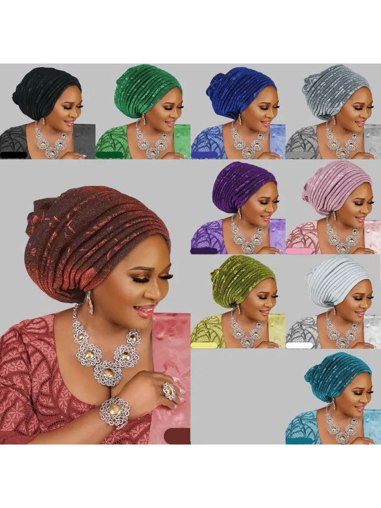 2025 Fashion Women Pleated Turban Cap For Women Auto Gele Headtie Female Head Wraps African Nigeria Wedding Party Headpiece