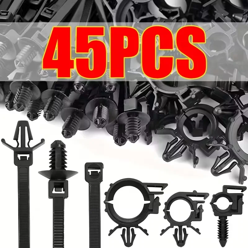 

45pcs Push Mount Cable Zip Tie With Car Wire Loom Routing Clips Universal For Trucks Cars Sedan UTV Engine Self Locking Straps