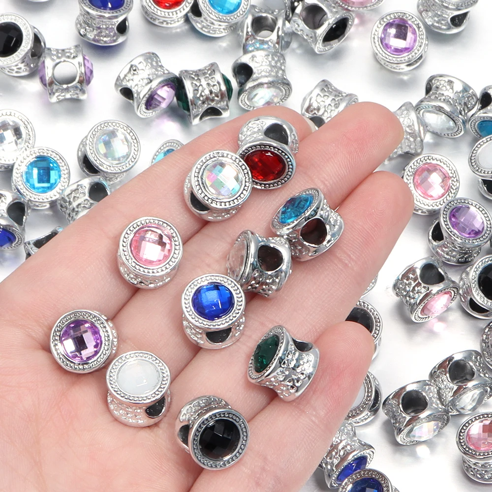 10pcs  Alloy Double Sided Rhinestone Beads Large Hole Spacer Bead for Jewelry Making DIY Charms Bracelet Hair Beads Accessories