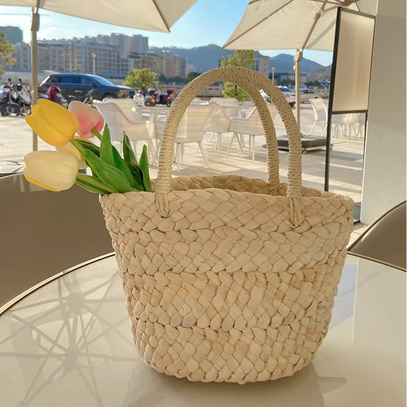 Homemade Hand-woven Small Straw Bags for Women Corn Husk Handbag Children's Straw Womens Beach Tote Bag Beach Woven Bags