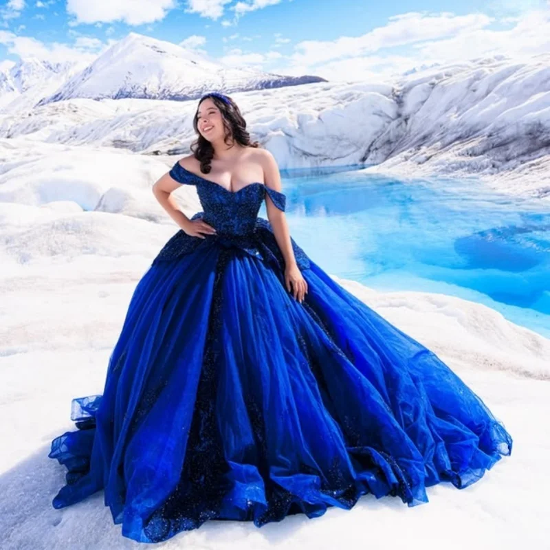 

Customized Shiny royal blue Quinceanera Dresses Off the Shoulder Tull sequin applique crystal Vestido De 15 Quinceanera