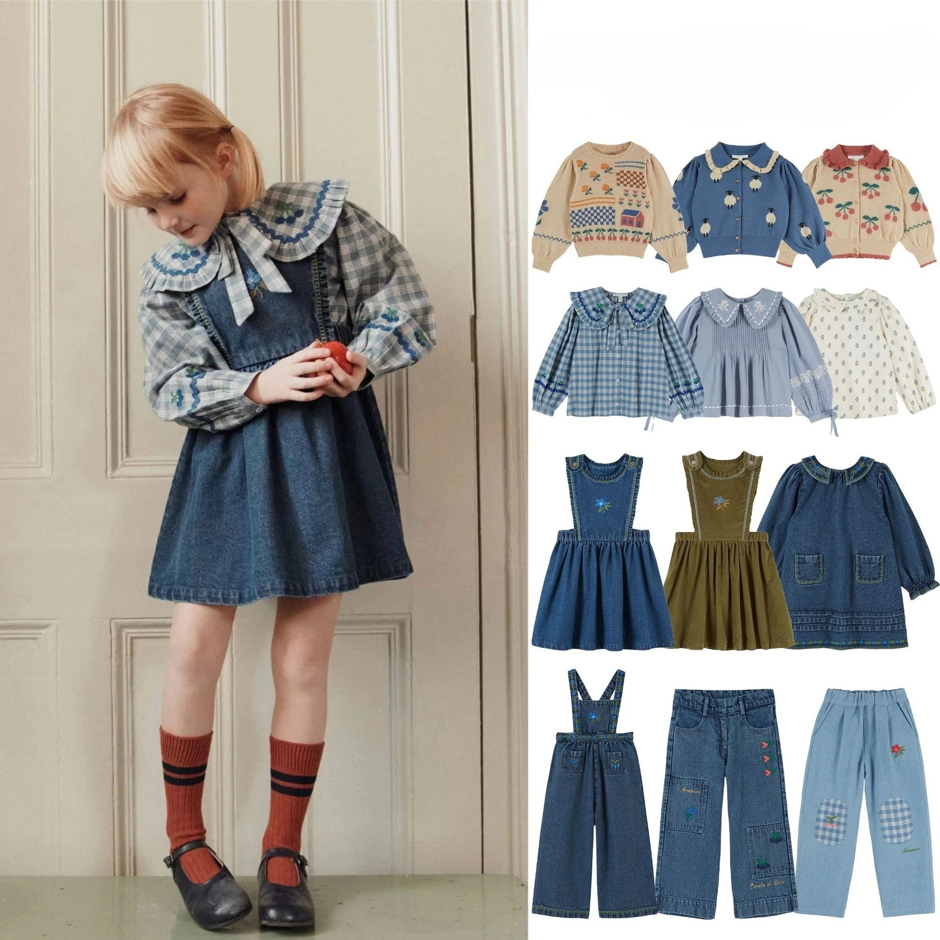 Children's Sweater 2026 Autumn EM Girls' Countryside Style Embroidery Shirt Strap Skirt Pants Set