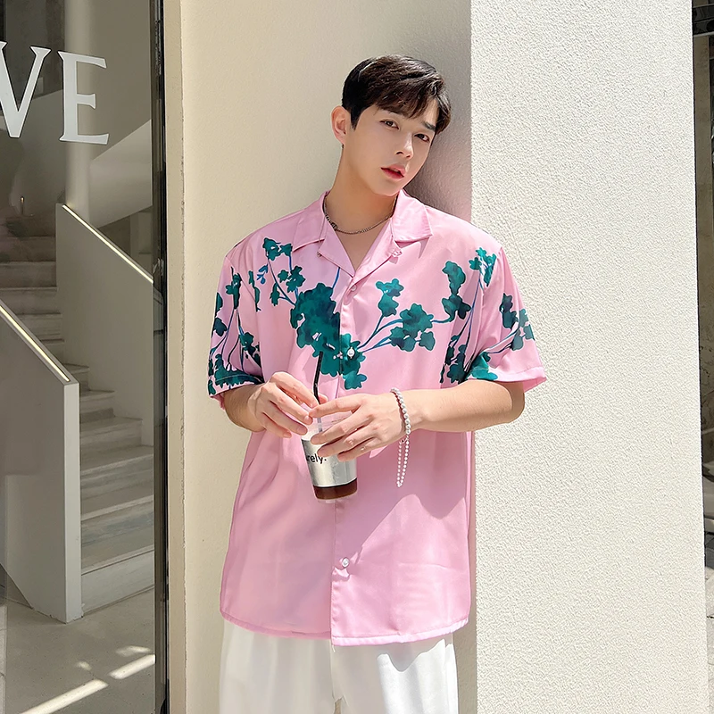 

Summer New Chinese Sle ort Sve irt ex Cuban Collar Retro Pink Busin Casual Polyester Fiber Loose Fit irt