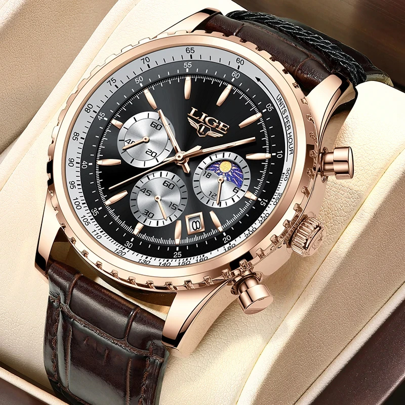 

LIGE Men Watch Top Brand Luxury Chronograph Casual Clock Moon Phase Mens Watches Sport Waterproof Quartz Date Watch Reloj Hombre