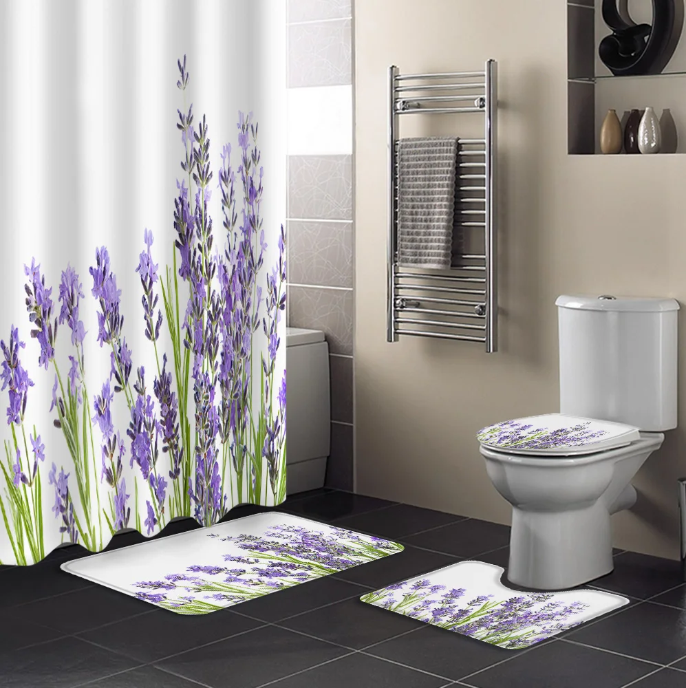 Purple Lavender Shower Curtain Sets Non-Slip Rugs Toilet Lid Cover and Bath Mat Waterproof Bathroom Curtains