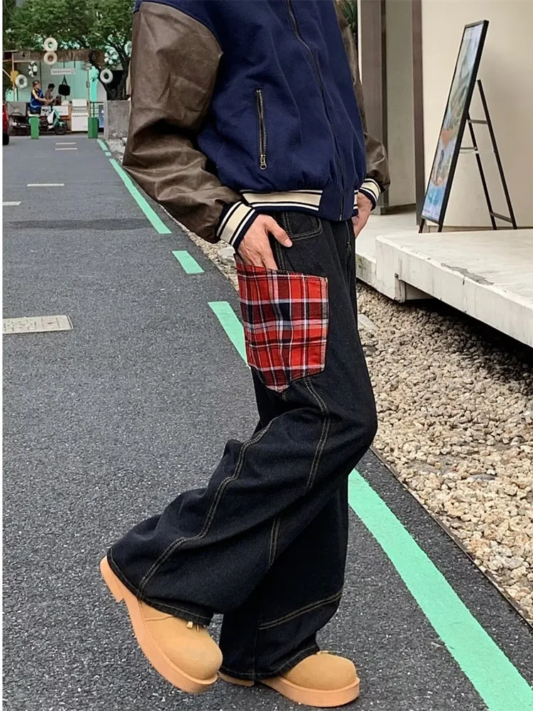 2025 Trashy Y2K Streetwear Red Plaid Washed Black Baggy Cargo Jeans Pants For Men Clothing Straight Long Trousers Ropa Hombre