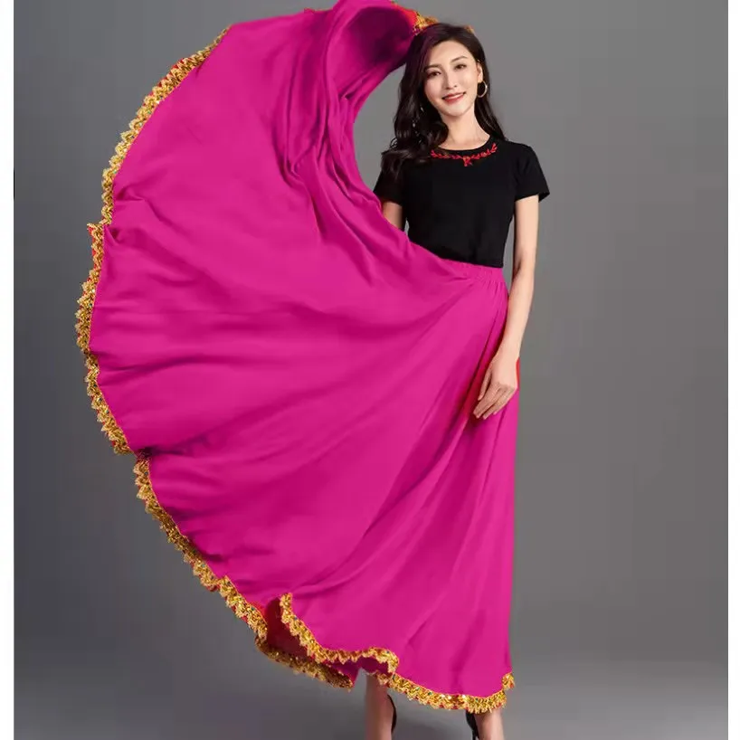 ขอบลูกไม้ Retro ชาติพันธุ์ Xinjiang Dancewear 720 องศาขนาดใหญ่ Swing เอวสูงกระโปรงเต้นรํา Flamenco STAGE Performance กระโปรง