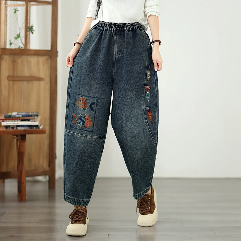 New Large Size Loose Casual Fashionable Harajuku Dad Jeans Embroidered Elastic Waist Blue Long Pants High Waist Nine Points