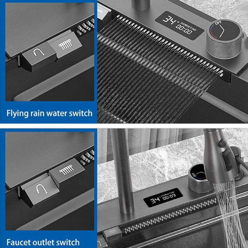 Imagem -03 - Pia da Cozinha 304 de Cachoeira Pia Display Digital Grande Único Arco com Toque Multifunções Cachoeira Fauce Aço Inoxidável Nano