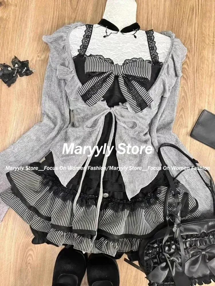 Autumn Japanese Sweet Lolita outfits 3 Piece Set Women Casual Knitted Cardigan+ Sexy Slim Lace  Vest Tops+ High Waist Cake Skirt