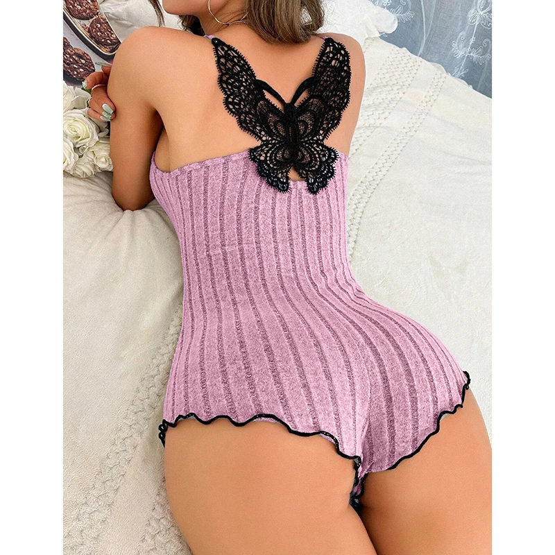 

Ladies' Back Butterfly Embroidery Design Pajama Set Lace Brushed Fabric Patchwork One-Piece Pajamas Summer Home Wear Lazy We