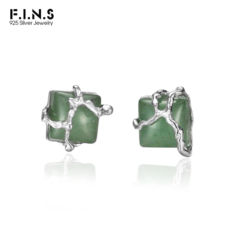 F.I.N.S New Chinese Temperament Stud Earrings Women's S925 Sterling Silver Square Green Aventurine Jade Piercing Fine Jewelry