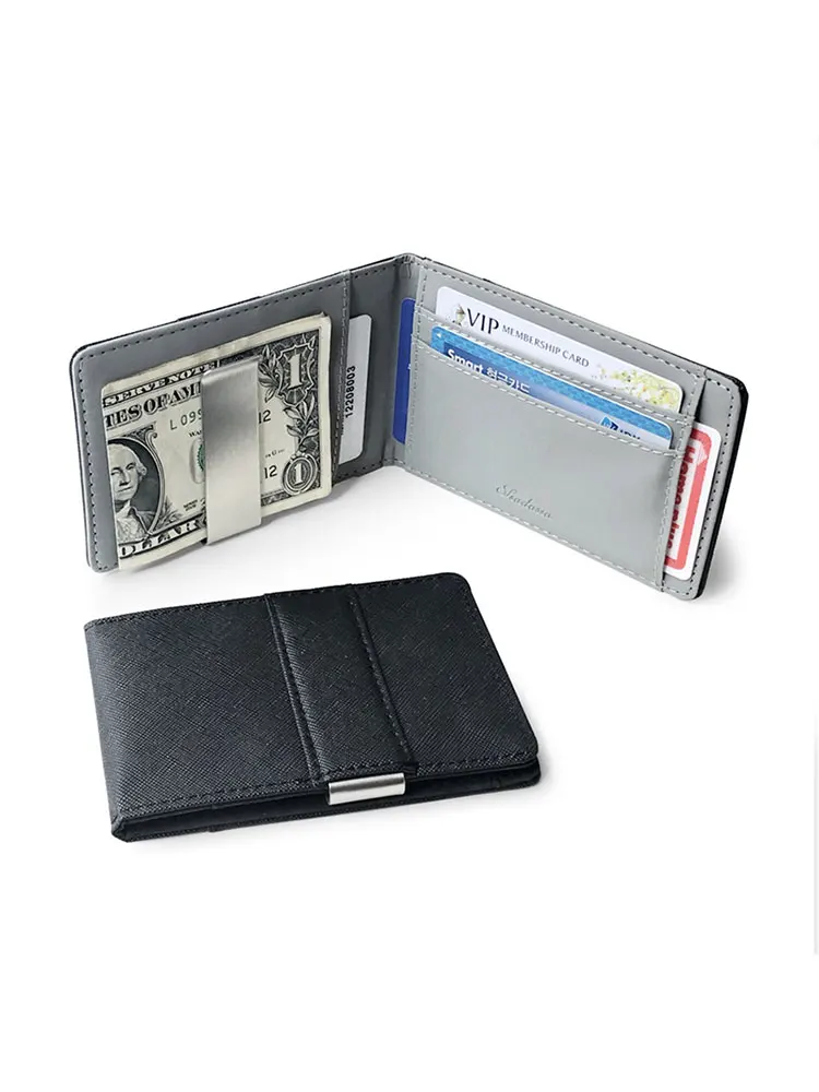 Hot Sale Fashion Men's Thin Bifold Money Clip Leather Wallet with A Metal Clamp Female ID Credit Card Purse Cash Holder