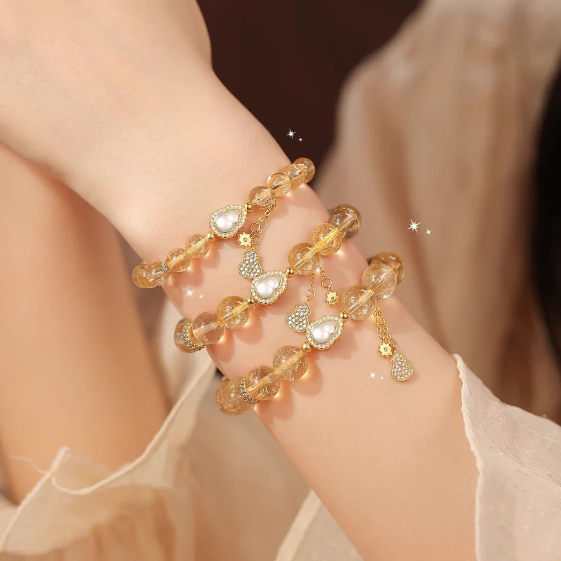 

Yellow Golden Rutilated Quartz Wealth-Attracting Gourd Pendant Bracelet Good Luck Beaded Hand Jewelry